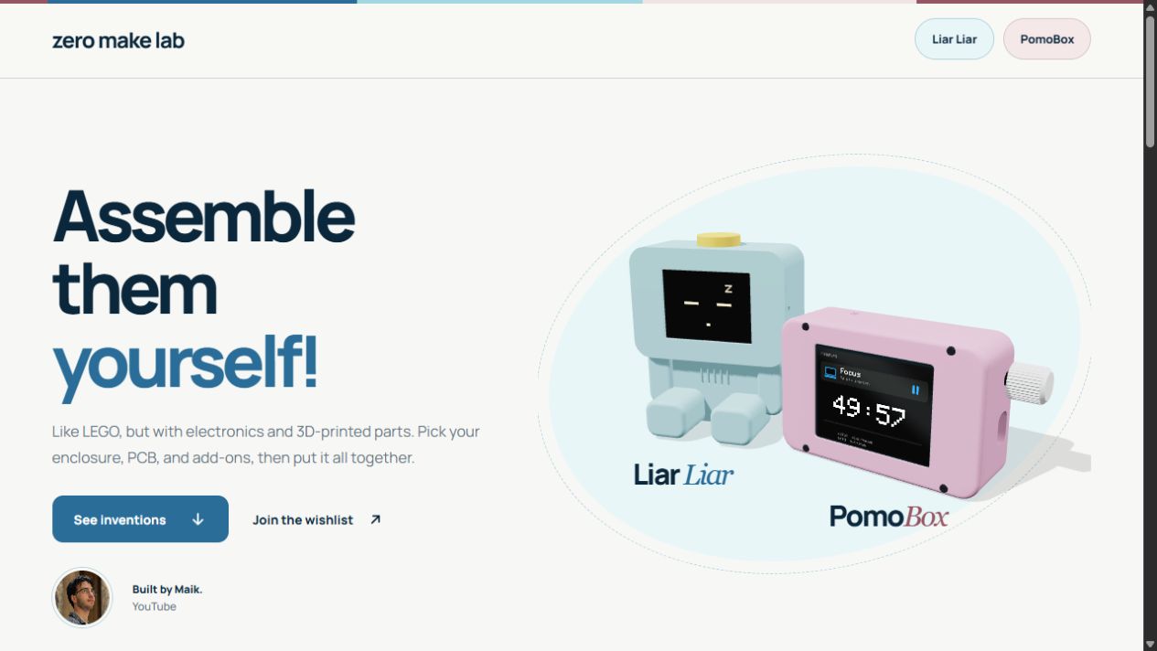 ZeroMakeLab homepage, featuring its Assemble them yourself headline and PomoBox and desk-bot product renders.
